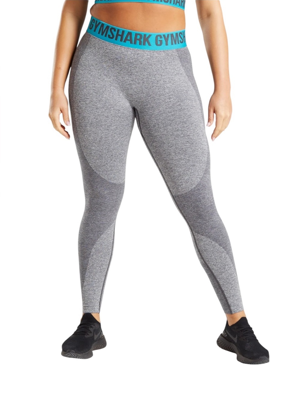 NWT Charcoal flex leggings with teal mid-rise waistband with Gymshark logo.